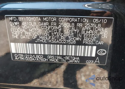 2010 Lexus Gs 350 z USA, uszkodzony, nr VIN JTHCE1KS6A0027528